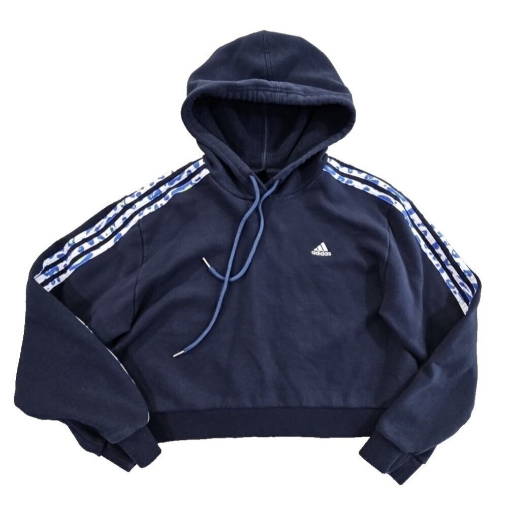 Adidas Women's Sz L Cheetah Print Pullover Hoodie in Navy Cropped Yoga‎ Gym EUC